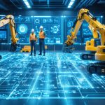 Futuristic construction site using advanced electronic projects with a control center, solar panels, LED systems, and connected worker safety gear.