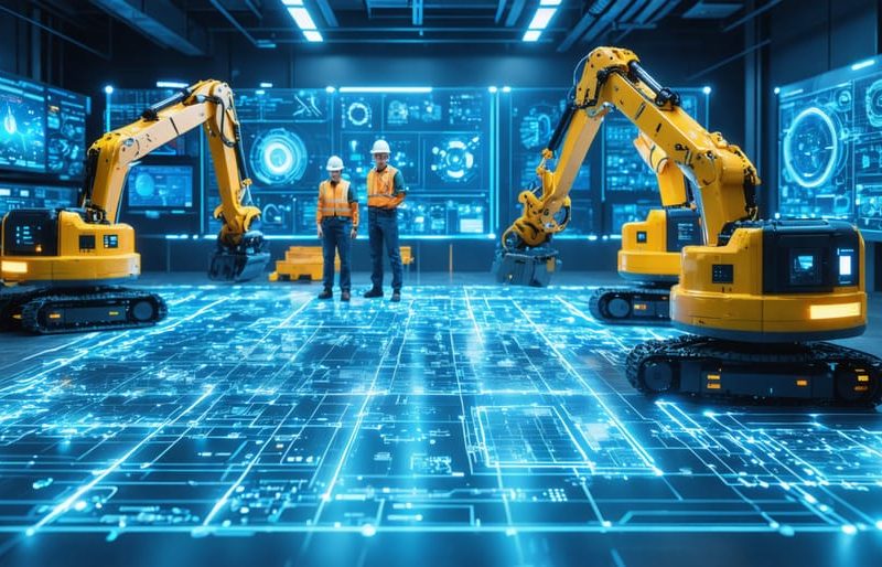 Futuristic construction site using advanced electronic projects with a control center, solar panels, LED systems, and connected worker safety gear.