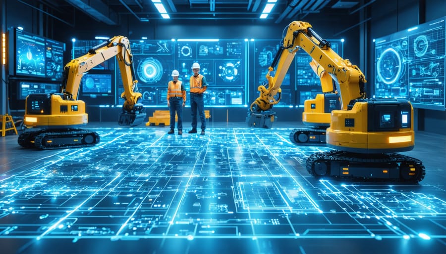 Futuristic construction site using advanced electronic projects with a control center, solar panels, LED systems, and connected worker safety gear.