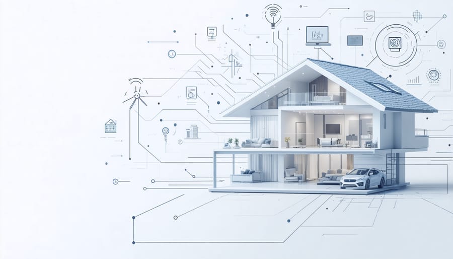 Digital representation of smart home automation systems showing connected devices and energy flow