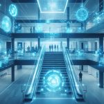 A futuristic smart building with a network of IoT devices and sensors, showcasing energy management metrics on a digital display and dynamic adjustments of HVAC and lighting systems.