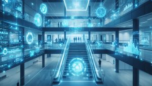 A futuristic smart building with a network of IoT devices and sensors, showcasing energy management metrics on a digital display and dynamic adjustments of HVAC and lighting systems.