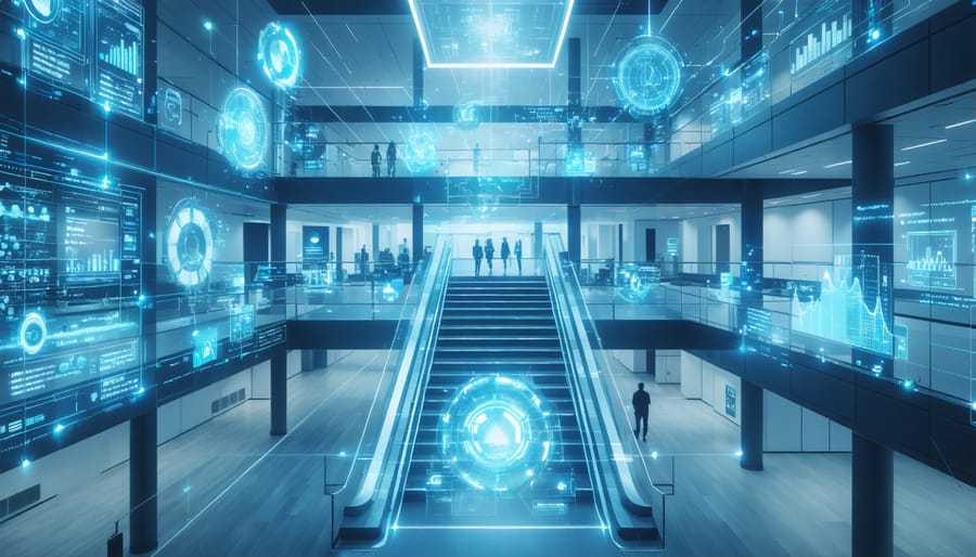 A futuristic smart building with a network of IoT devices and sensors, showcasing energy management metrics on a digital display and dynamic adjustments of HVAC and lighting systems.