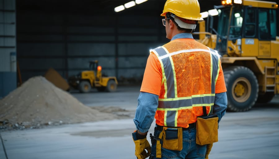 Worker demonstrating wearable electronic safety equipment on a construction site
