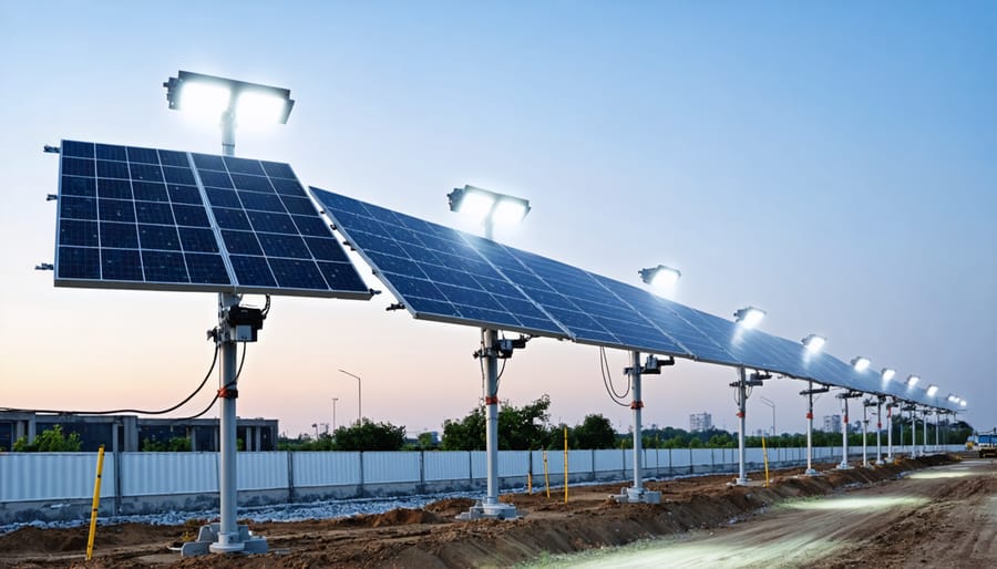 Solar panels connected to LED flood lights with control box at a construction site