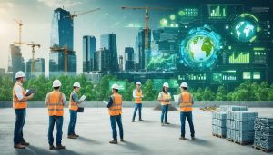 Futuristic construction site with diverse workers using eco-friendly materials and digital dashboards, promoting teamwork and sustainability in the construction industry.