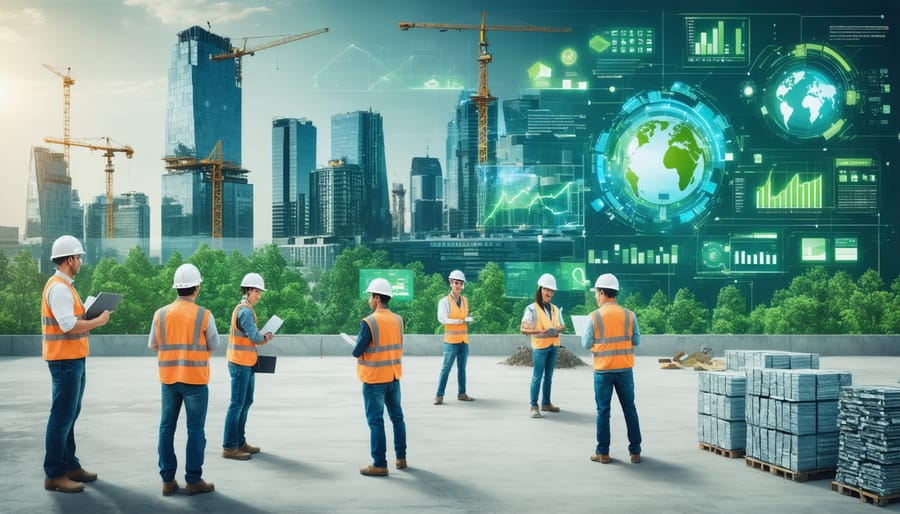 Futuristic construction site with diverse workers using eco-friendly materials and digital dashboards, promoting teamwork and sustainability in the construction industry.