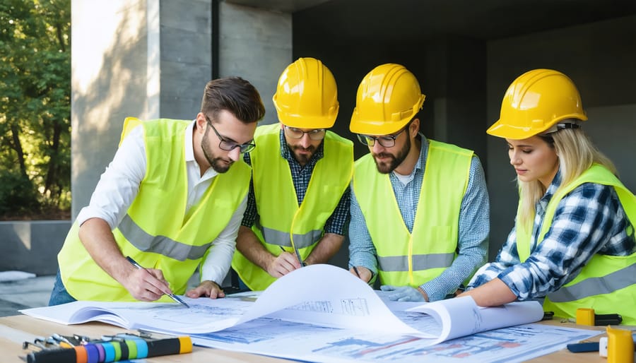 Team of architects and construction professionals reviewing sustainable building materials and blueprints