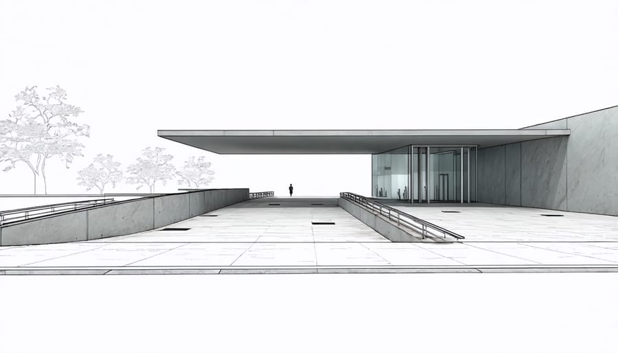 Inclusive building entrance design featuring accessibility elements for various physical abilities