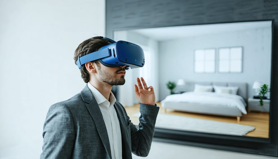 Interior designer demonstrating virtual reality technology for architectural visualization