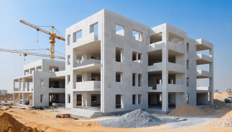 Industrial 3D printer extruding concrete layers to form walls of a building structure in Dubai