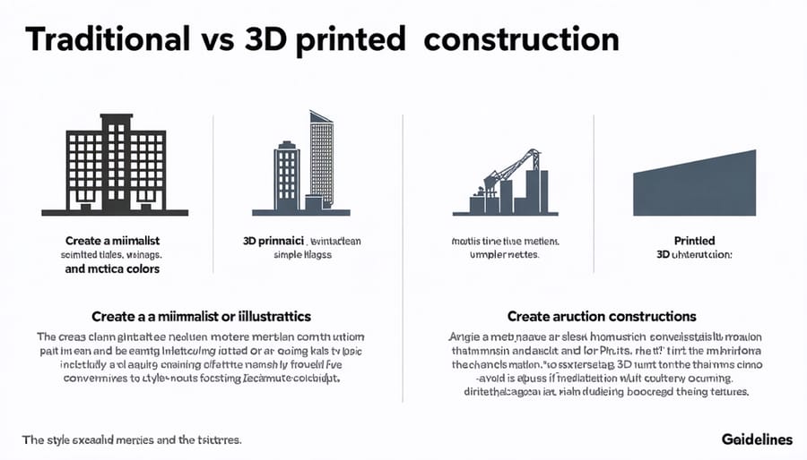 Visual comparison chart showing cost, time, and environmental impact differences between traditional and 3D printed construction methods