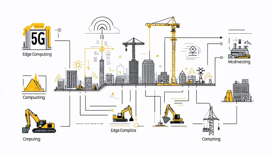 Architectural diagram illustrating how 5G edge computing processes data from construction site sensors and devices