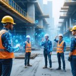 Construction site showcasing workers wearing IoT-enabled protective gear, with visible sensors and smart machinery highlighting the integration of AI-powered risk management systems.
