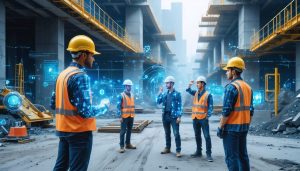Construction site showcasing workers wearing IoT-enabled protective gear, with visible sensors and smart machinery highlighting the integration of AI-powered risk management systems.