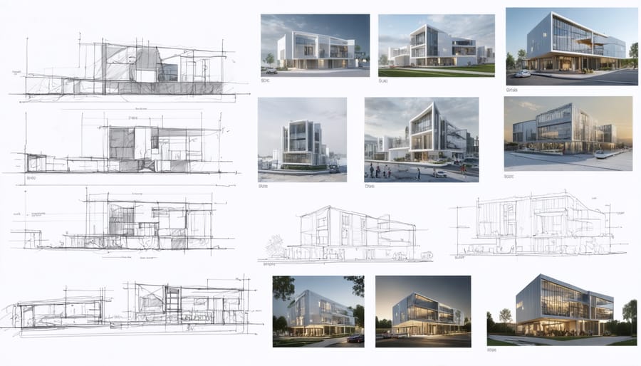 Progressive stages of architectural design from concept to completion
