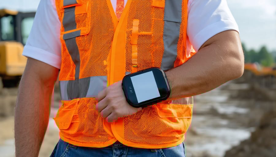 Construction worker wearing smart wristband and safety vest with integrated sensors for health monitoring