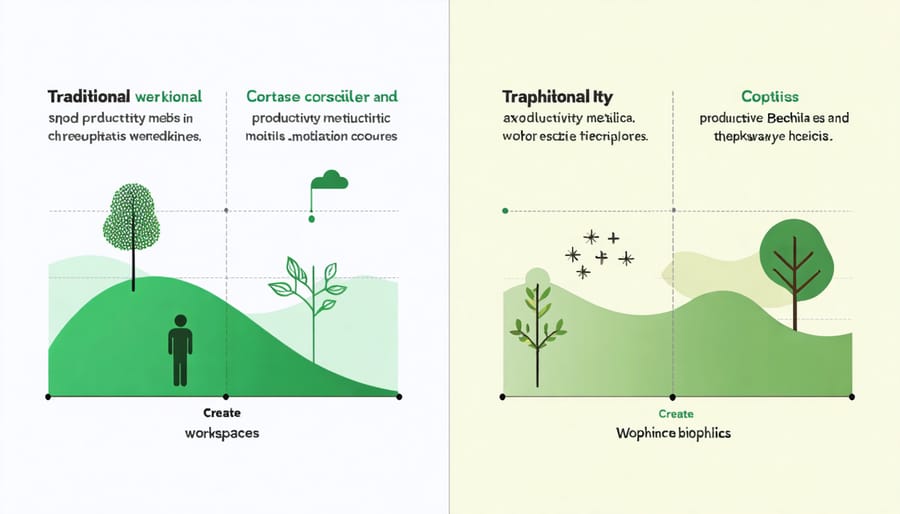 Infographic comparing health and productivity metrics between conventional and biophilic environments