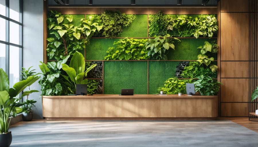 Modern office incorporating biophilic design with vertical garden wall and large windows