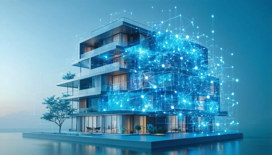 Building with blockchain network overlay demonstrating property management system