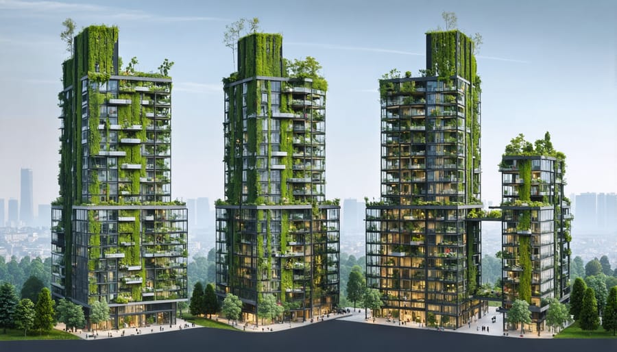 Two residential towers covered in trees and vegetation demonstrating large-scale biophilic architecture