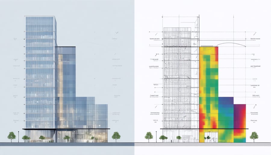 Split-screen visualization comparing a real construction site with its interactive digital twin model