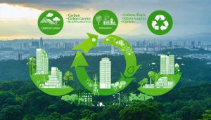 A conceptual image of a modern city skyline enveloped by greenery, overlaid with a circular diagram showing the interconnected stages of carbon lifecycle analysis: embodied carbon, operational carbon, and end-of-life carbon.