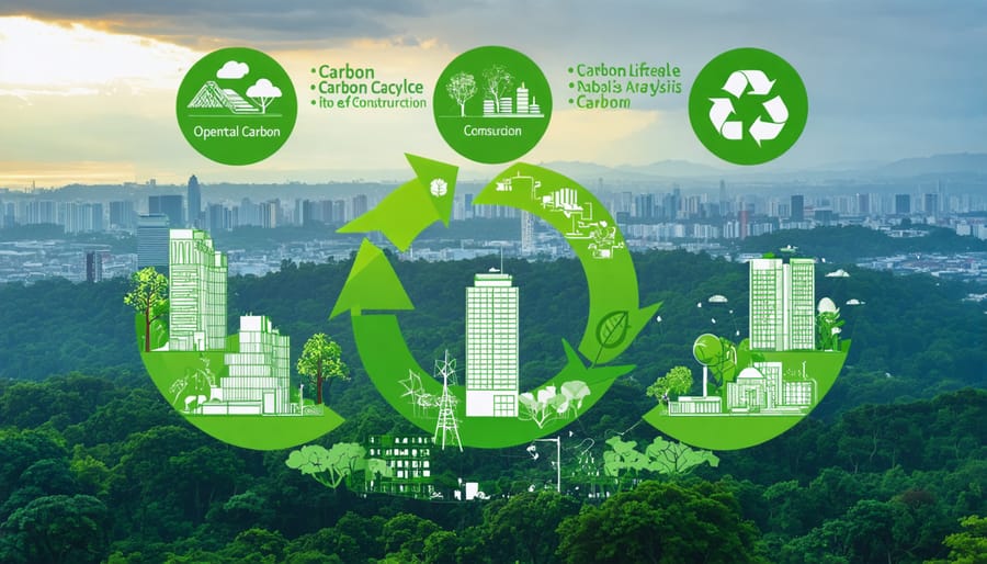 A conceptual image of a modern city skyline enveloped by greenery, overlaid with a circular diagram showing the interconnected stages of carbon lifecycle analysis: embodied carbon, operational carbon, and end-of-life carbon.