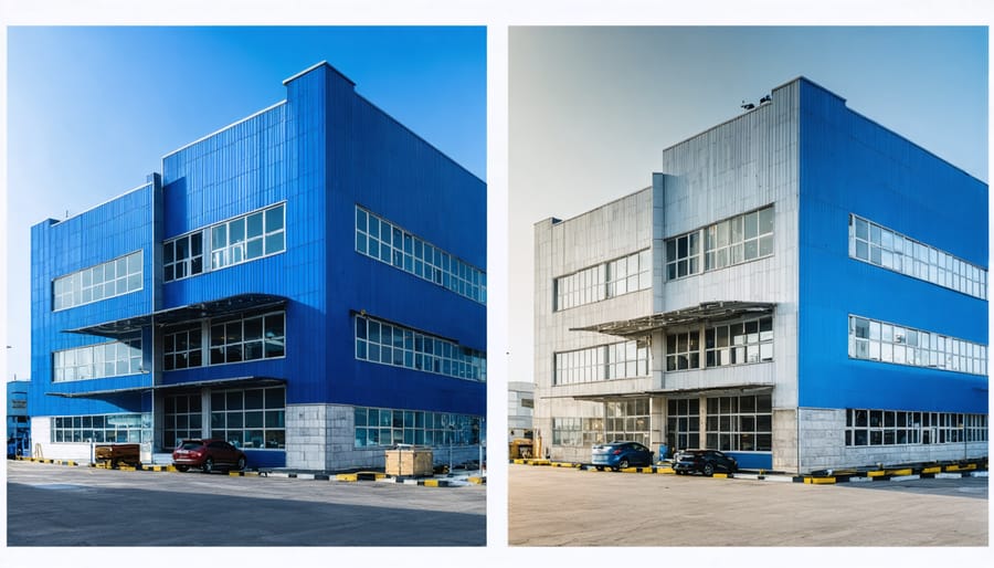 Side-by-side comparison of traditional versus material-efficient construction techniques in a commercial building