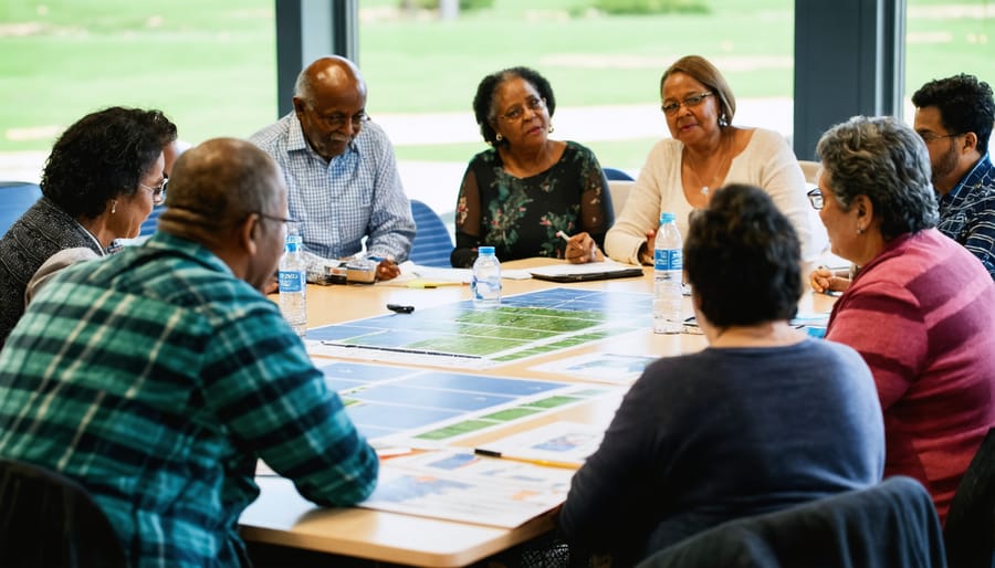 Diverse group of community members and nonprofit representatives discussing solar installation plans