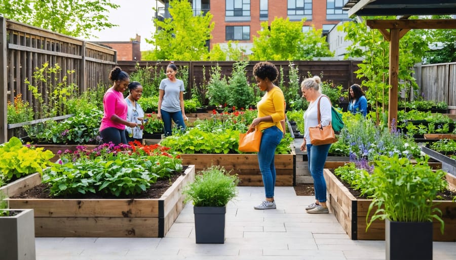 Community members collaborating in a vibrant urban garden setting