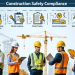 Diverse group of construction professionals reviewing safety procedures and conducting training on an active construction site, with various elements representing safety compliance principles.