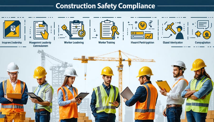 Diverse group of construction professionals reviewing safety procedures and conducting training on an active construction site, with various elements representing safety compliance principles.