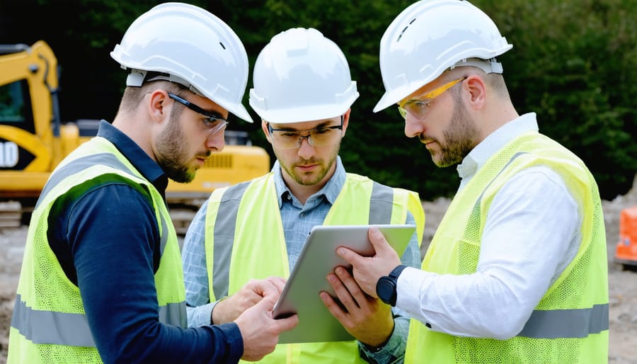 Construction professionals collaborating using BIM visualization on mobile devices