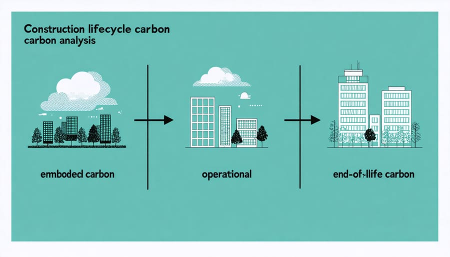 Circular diagram illustrating the three phases of construction carbon lifecycle analysis