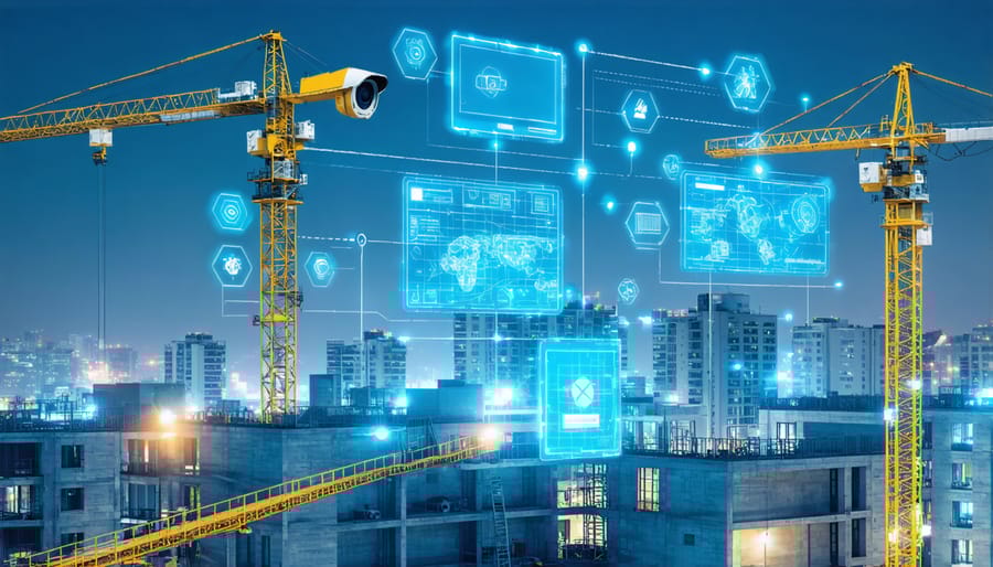 Real construction site with visible IoT devices and digital overlay showing BIM integration