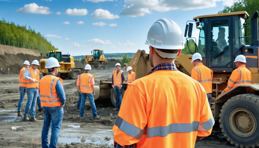 Construction workers wearing smart helmets and safety vests with integrated IoT sensors for real-time monitoring