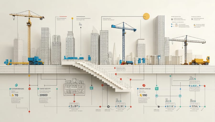 Infographic showing four construction phases with associated financial milestones and cash flow arrows