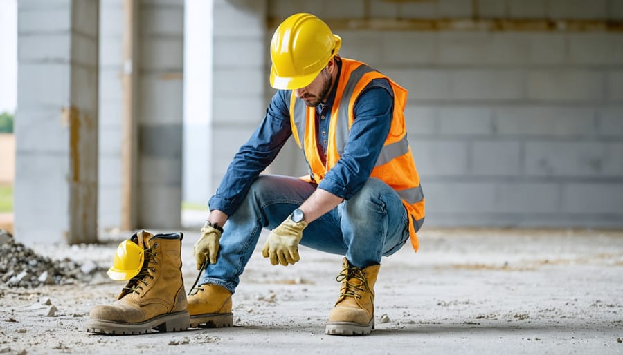 Construction worker demonstrating proper use of personal protective equipment on job site