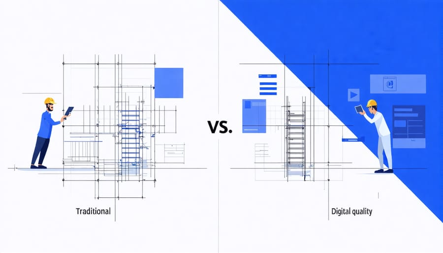 Comparison showing traditional paper-based inspection versus digital quality control methods in construction