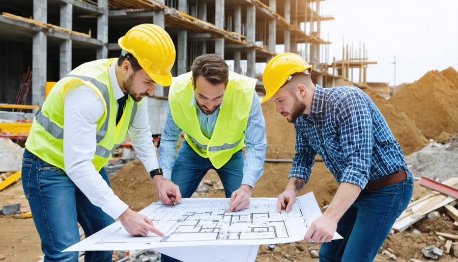 Construction team including architects, contractors, and project managers reviewing blueprints at a job site