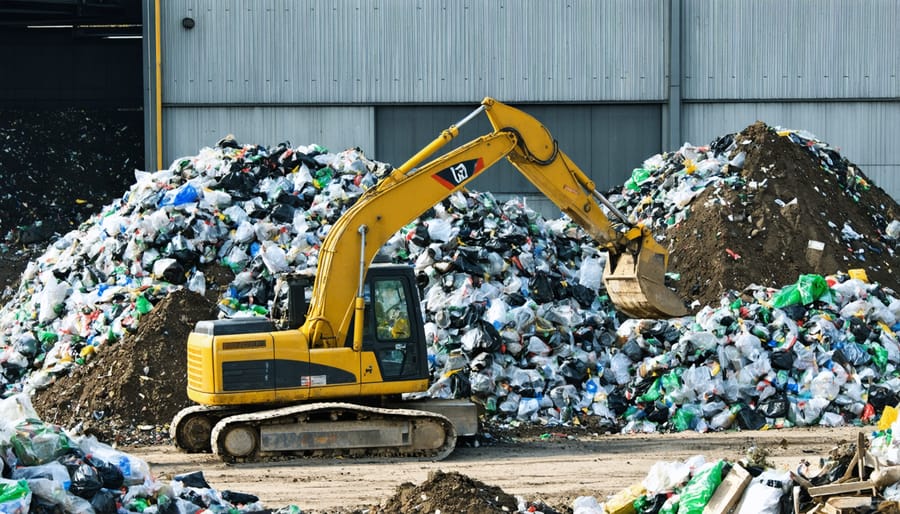 Construction workers managing separated waste streams with clearly labeled recycling containers