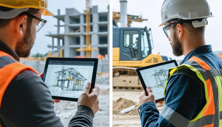 Construction professionals using digital collaboration tools on a construction site with 3D BIM model display