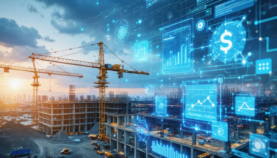 A construction site with traditional machinery and cranes integrated with a digital overlay showing blockchain nodes and financial analytics, representing the transformation of construction finance through technology.