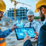"Construction professionals using digital tablets to review BIM models on-site, surrounded by cranes and structures, illustrating the integration of digital tools in construction project management."