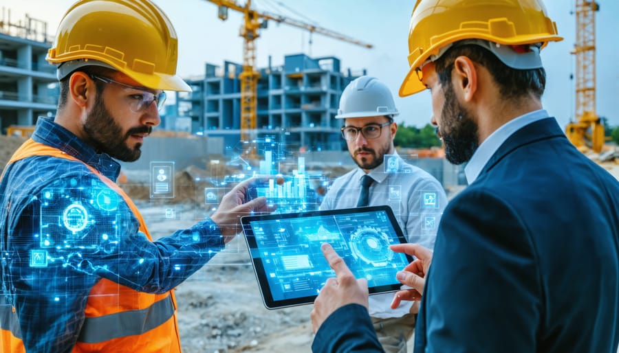 "Construction professionals using digital tablets to review BIM models on-site, surrounded by cranes and structures, illustrating the integration of digital tools in construction project management."