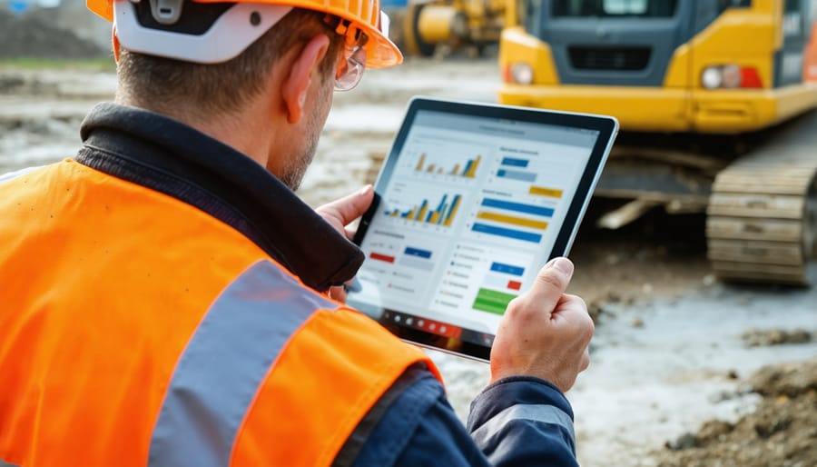 Construction safety inspector conducting digital risk assessment on active worksite