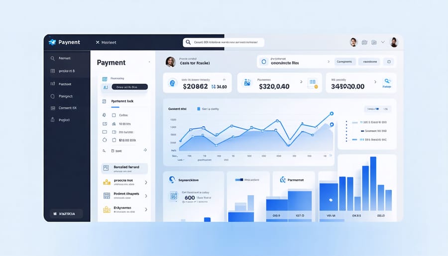 Interactive dashboard displaying construction project payment flows and digital transaction metrics