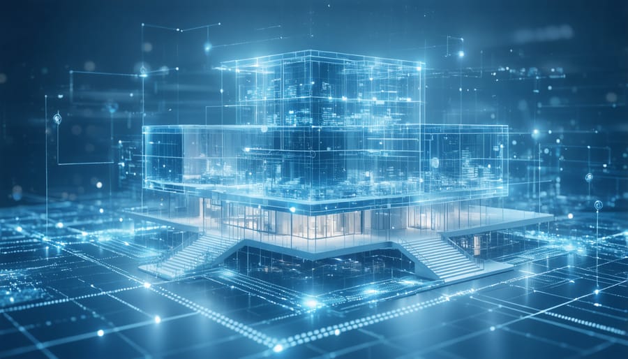 Digital twin interface showing a construction project with live data monitoring and IoT sensor feeds