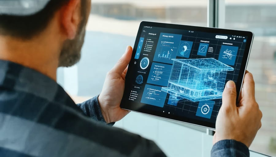 Construction professional analyzing project data through digital twin interface on tablet device